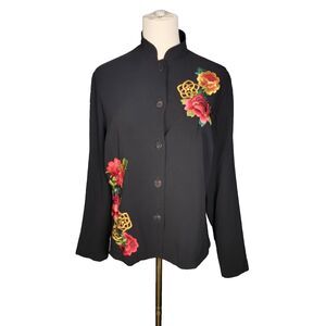 Harari Embroidered Floral Jacket Black Silk Blend Mandarin Collar Size S